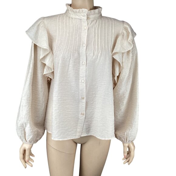 MNG Mango Lyocell Blouse Top Size Small Beige Ruffle Shoulder Long‎ Sleeve - Picture 2 of 10